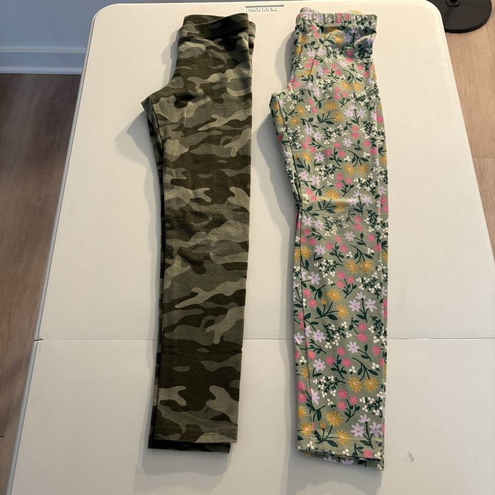 Kids Girls Legging Mixed Lot Medium 7-8 Olive Green Camo Daisy Print 2 Pair